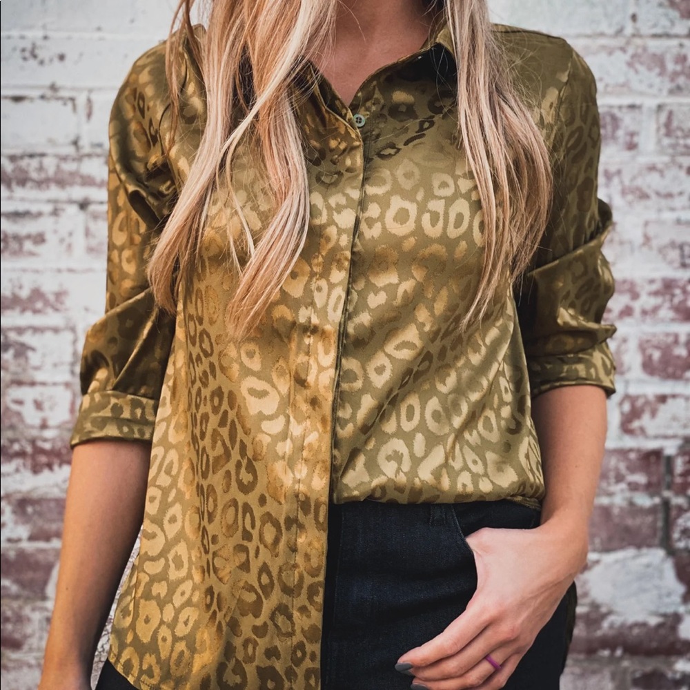 Vici Olive Green Satin Leopard Blouse
